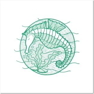 Seahorse graphic in green ink Posters and Art